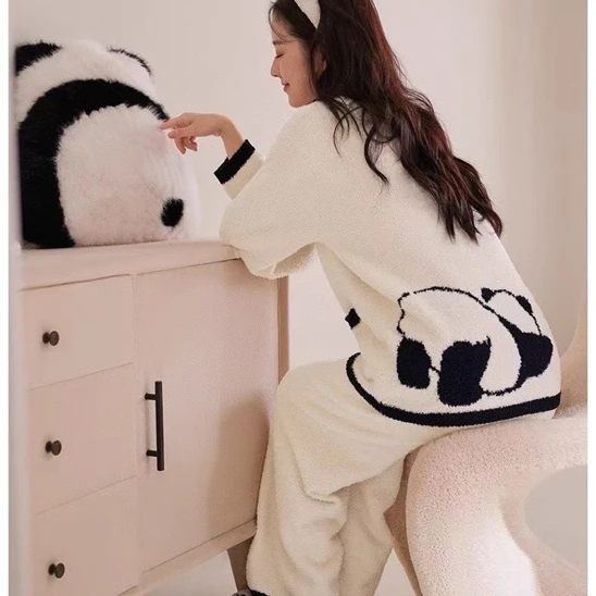 秋冬02熊猫产后哺乳月子服孕妇睡衣喂奶家居保暖半边绒柔软大码