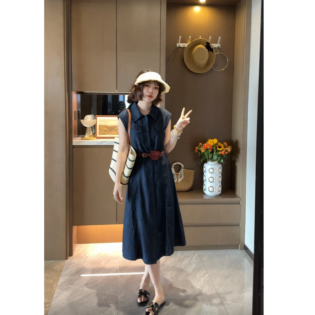 【精致丽人】夏季新款红腰带牛仔连衣裙气质时尚百搭设计减龄款