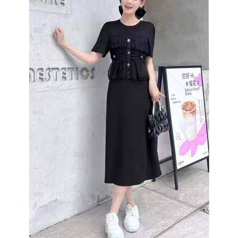 （女装）6816 设计感网纱拼接假两件圆领短袖连衣裙