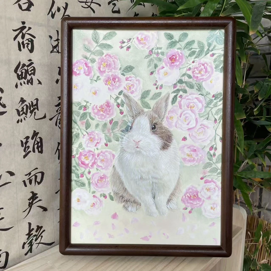 兔子蔷薇花装饰画 带框23*32cm 原画仅有一幅