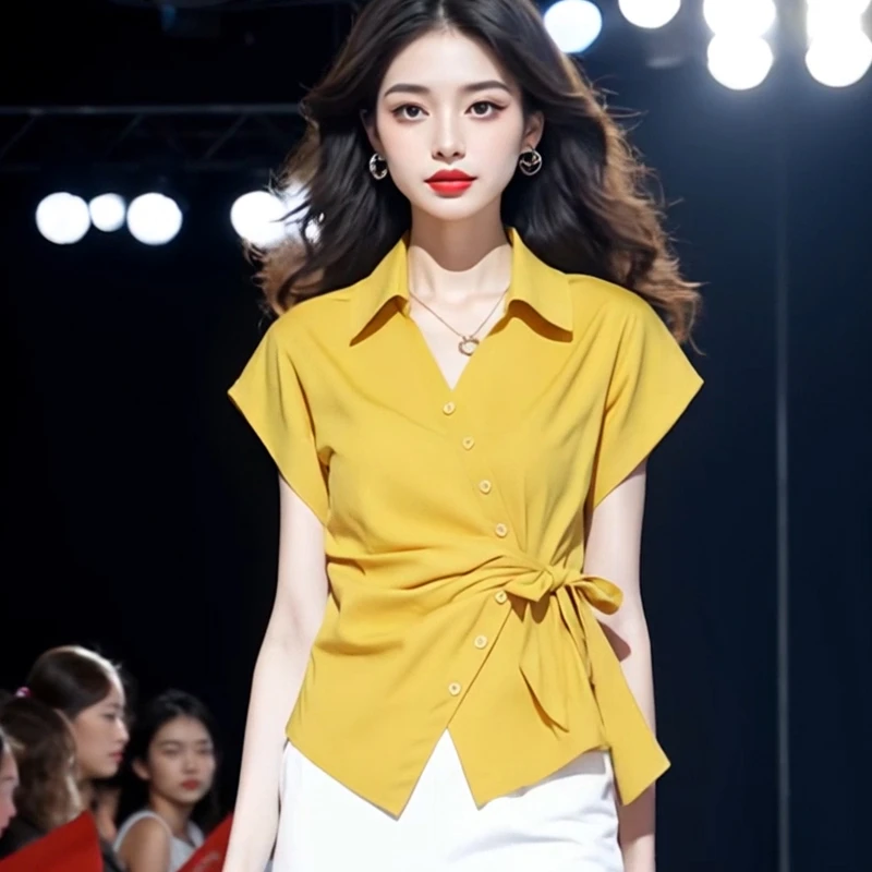 夏季韩系显瘦时尚单排扣休闲上衣设计绑带侧腰POLO领短袖衬衫女士