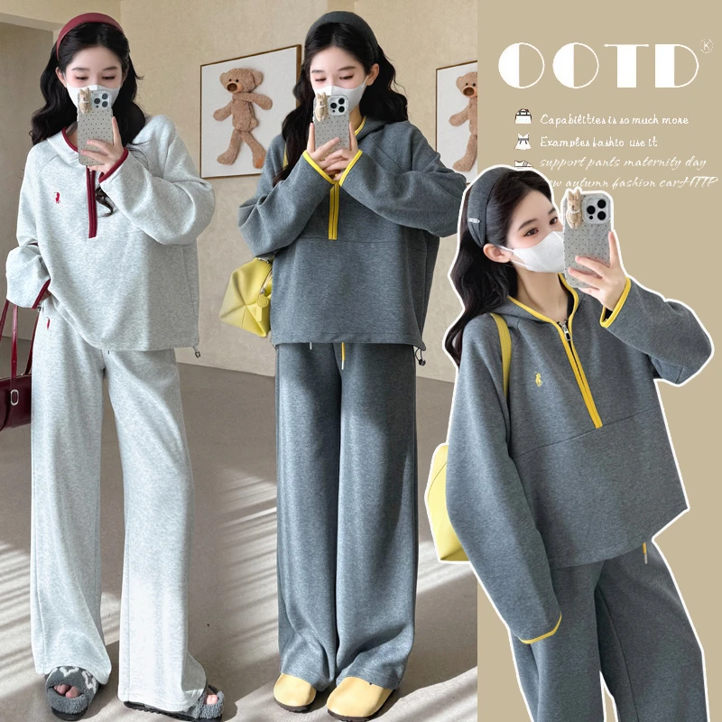 孕妇套装秋冬季新款休闲撞色复合连帽运动卫衣两件套时尚洋气韩版