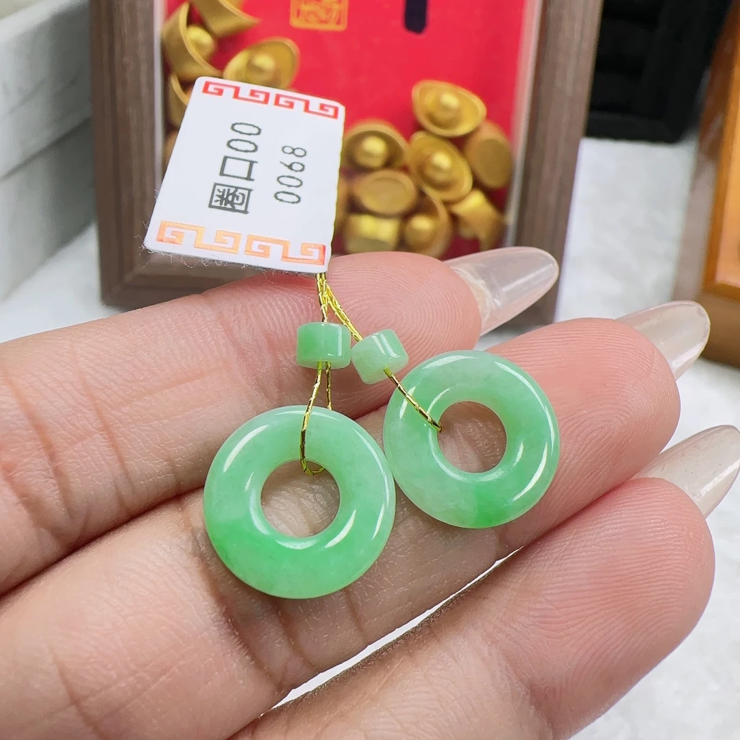 缅甸纯天然A货翡翠阳绿甜甜圈耳坠一对 尺寸16.5*13.5*2.7