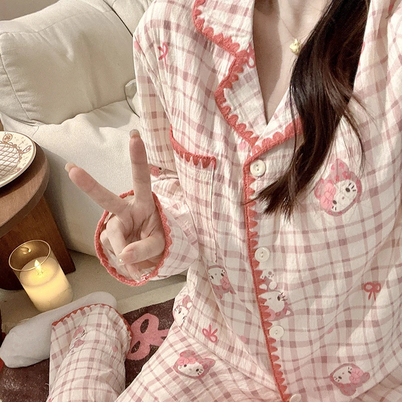 头套kitty双重奏睡衣少女春秋泡泡棉带胸垫长袖2025年新款家居服