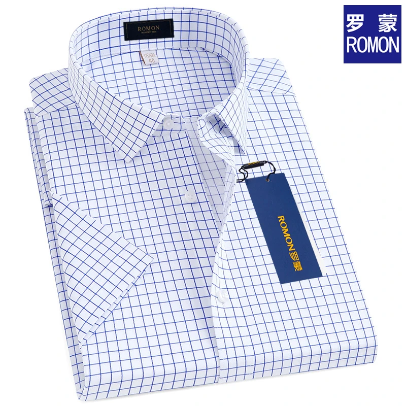 罗蒙夏季热卖款千鸟格男士爆款大码短袖衬衫纯色格子免烫男士衬衣