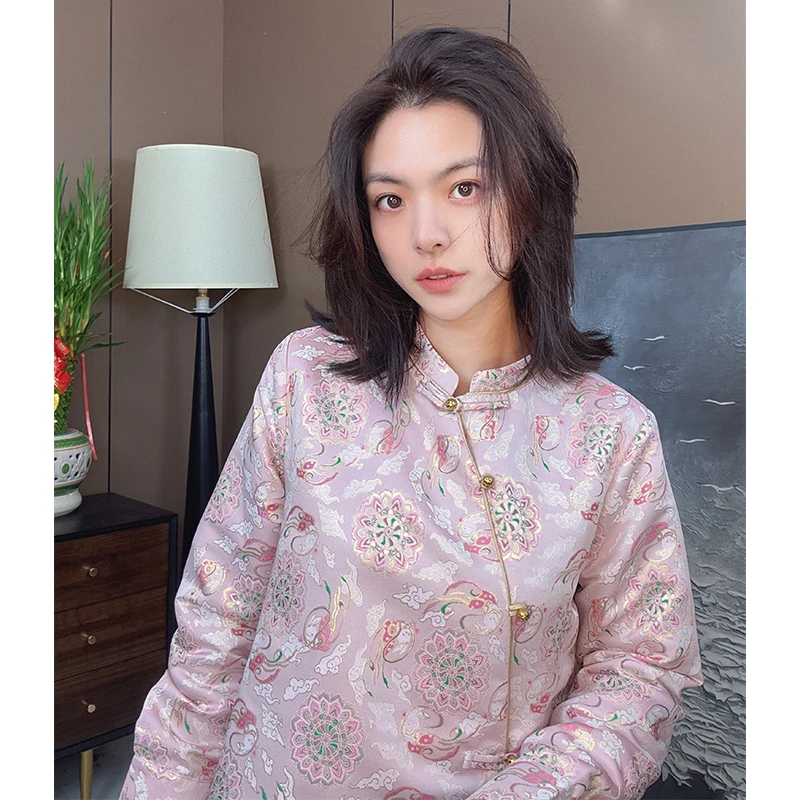 【新中式国潮】【玉兔】时尚复古斜襟珠扣暗纹提花气质长袖小衫70021