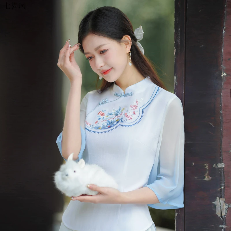 民族风刺绣雪纺上衣配大摆半身裙淑女百搭闺蜜套装