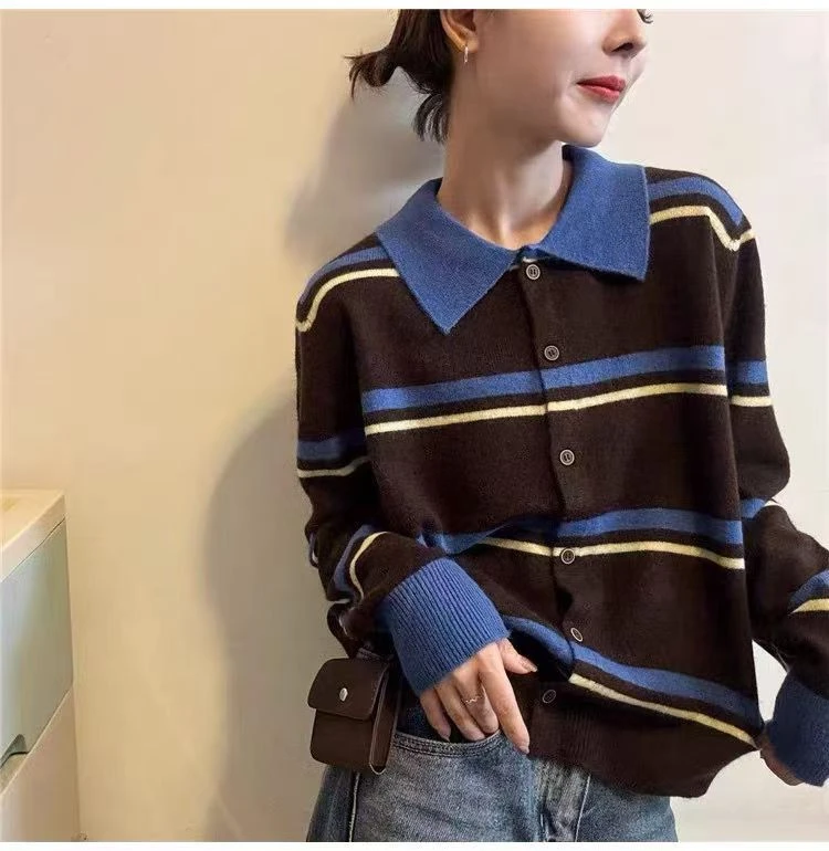 2025秋季新款拼色条纹翻领长袖针织开衫时尚洋气百搭软糯上衣毛衣