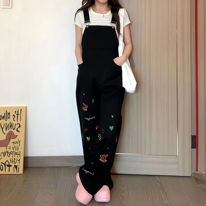 300斤大码女装夏季2025新款卡通刺绣牛仔背带裤女胖mm阔腿连体裤