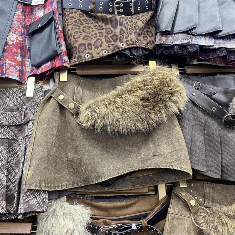 大毛领设计复古辣妹PU皮短裙不规则a字裙秋季新款显瘦气质半身裙