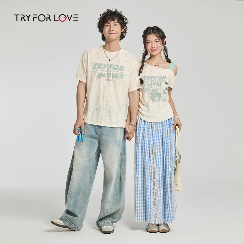 Tryforlove褶皱破洞斜肩情侣装短袖t恤2025新款夏季美式字母半袖