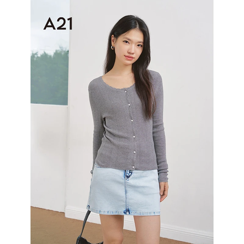 A21女装修身圆领长袖开衫毛针织衫F451243002