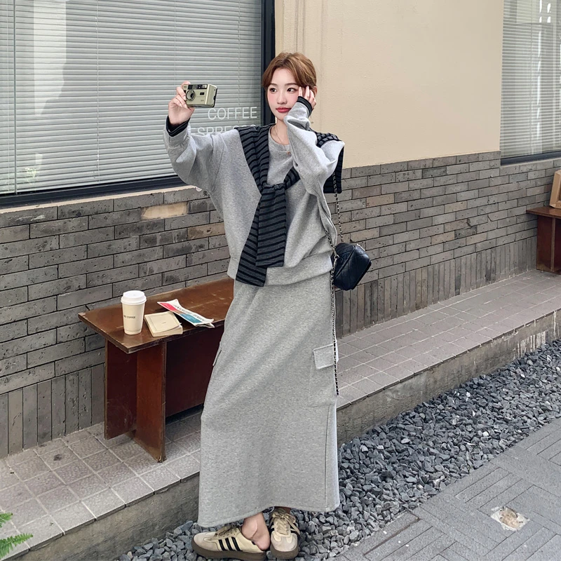 休闲风灰色卫衣半裙套装2025春秋新款小众显瘦ins风慵懒风两件套