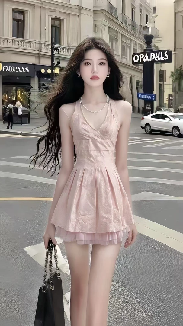 轻奢时尚气质短裙纯欲千金风粉色U领挂脖收腰连衣裙女氛围感女装