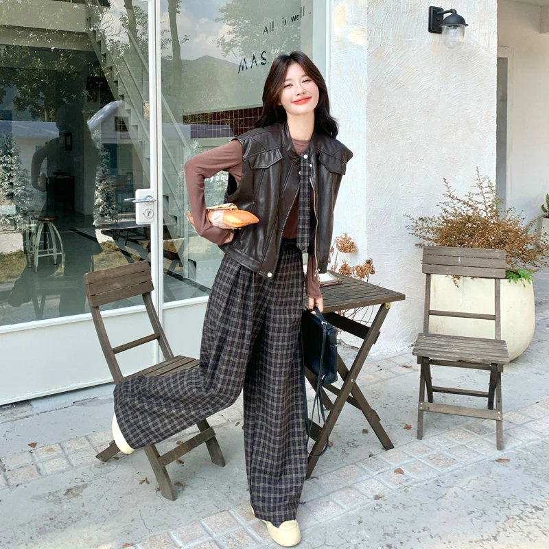 韩系ins风皮马甲打底衫格纹休闲裤2025春秋新款复古松弛感三件套