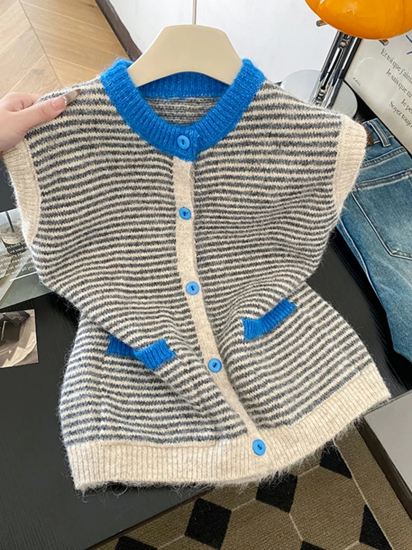 2025秋冬新款复古撞色条纹韩版针织马甲背心外穿百搭显瘦叠穿毛衣