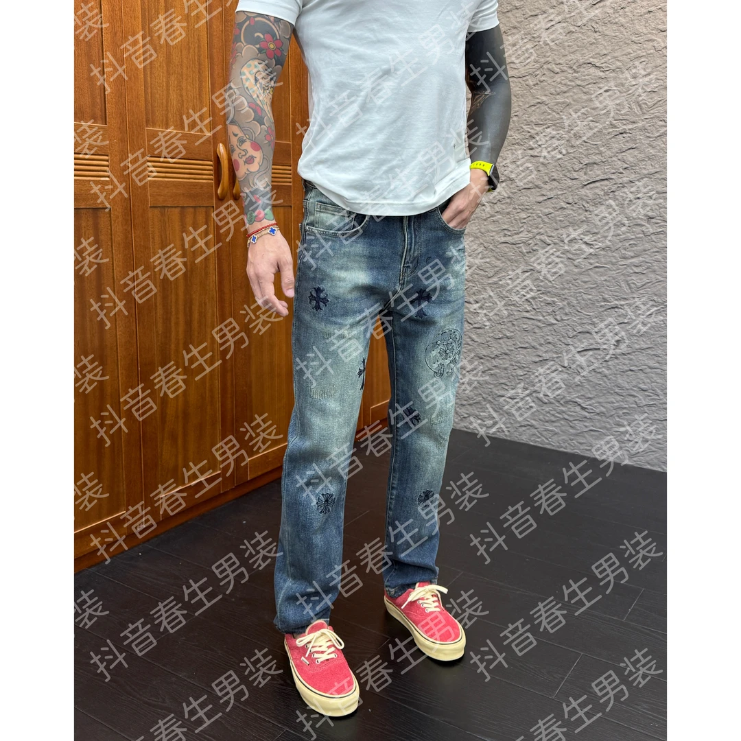 2025秋冬新款时尚休闲百搭刺绣印花男士直筒牛仔裤6056