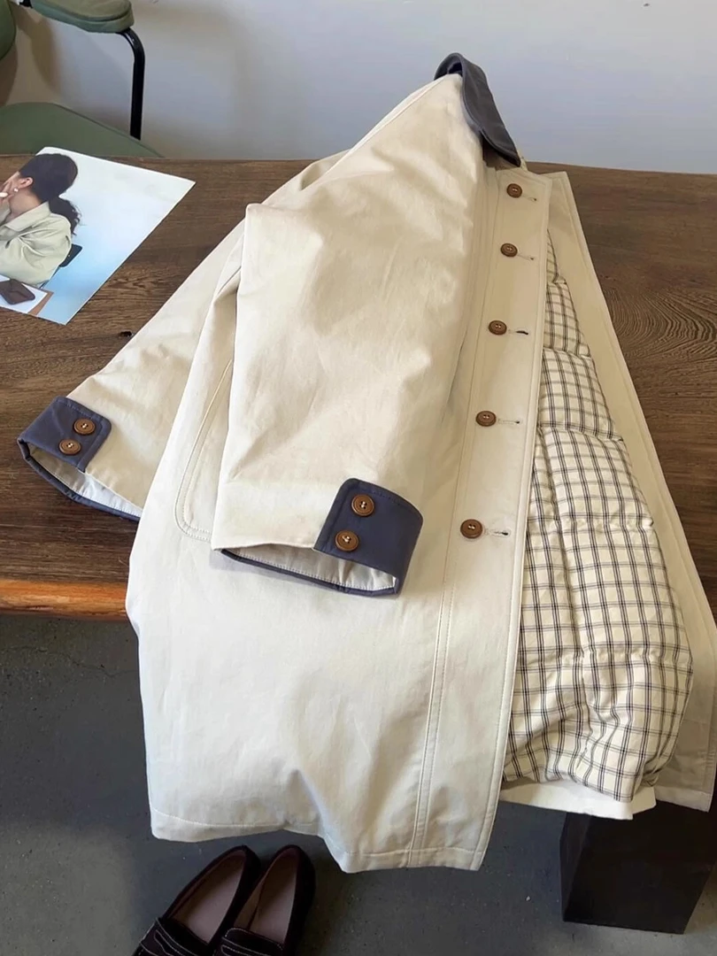 小香风中长款拼接格纹棉服外套女秋冬季韩系文艺风复古夹棉衣棉袄