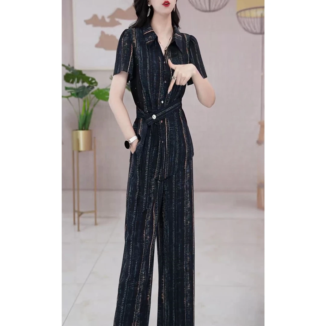 2025年夏季新款时尚短袖休闲套装女气质显瘦翻领上衣阔腿裤两件套