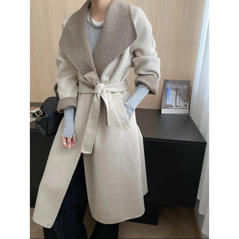 拼色设计师款高级感阔版大翻领双面呢羊毛大衣外套气质时尚秋冬