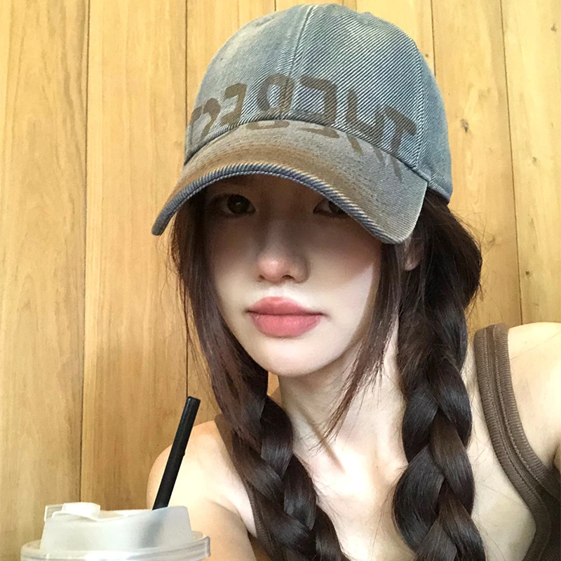 复古美式水洗做旧字母棒球帽子女夏季显脸小磨破软顶百搭鸭舌帽潮