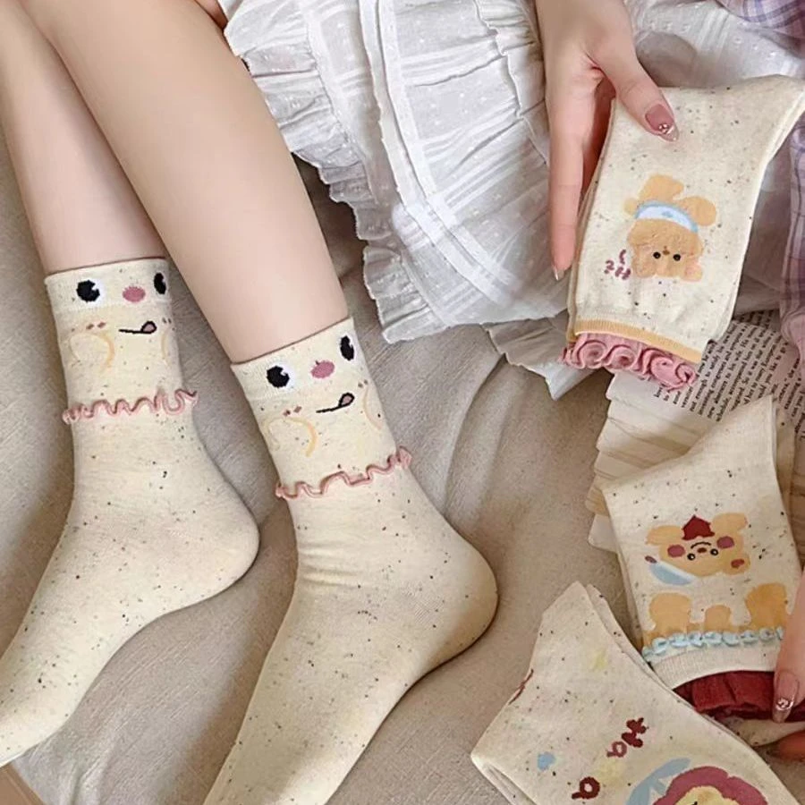 甜妹双层花边堆堆袜春夏季可可爱爱小熊熊显亮眼学院风穿搭女袜