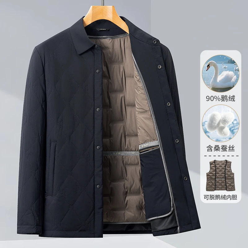 冬季可脱卸内胆鹅绒服男装商务休闲翻领桑蚕丝鹅绒服保暖两件套