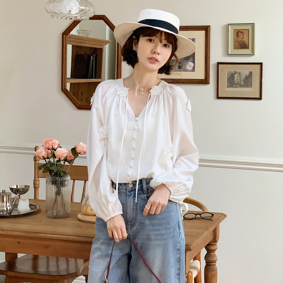 法儿家韩国限定【新品】【白茶晚风】FS501S028立体花朵衬衫