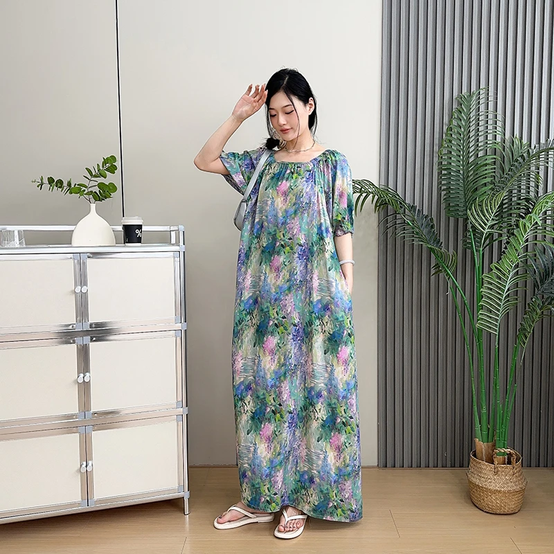 2025夏季棉绸连衣裙女海边人造棉旅游度假中长款时尚印花潮长裙子