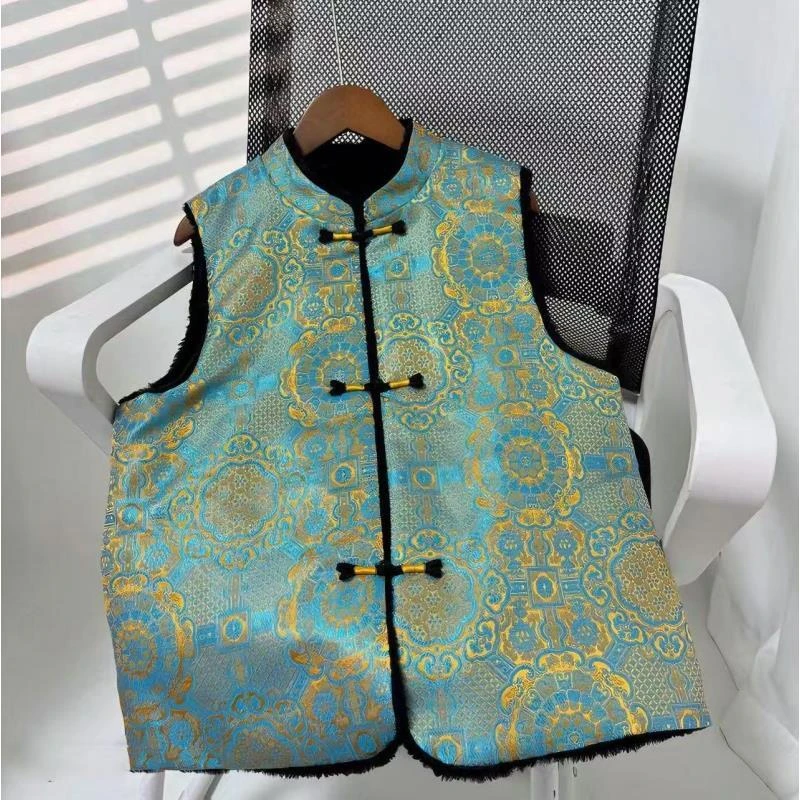 2025新中式国风宋锦织金提花拼接毛毛马甲双面穿复古加厚马夹