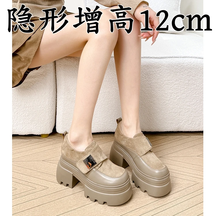 厚底乐福鞋女英伦风小皮鞋魔术贴复古百搭JK增高真皮粗跟单鞋