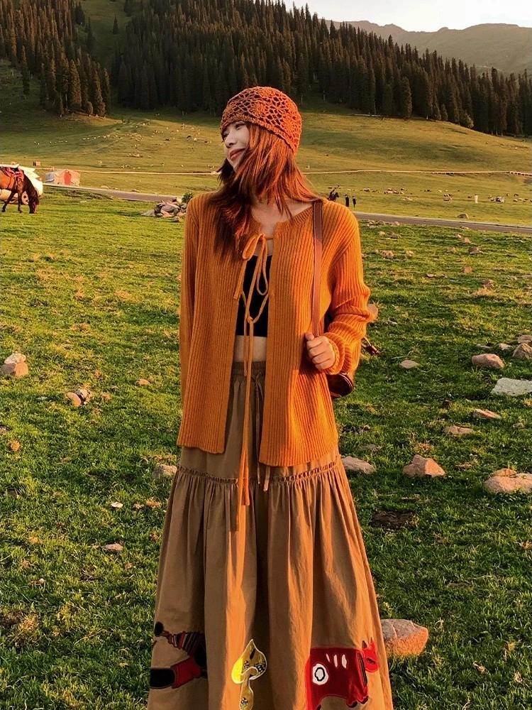 慵懒风韩系橘色系带针织开衫外套女早秋配吊带流行穿搭巨好看上衣