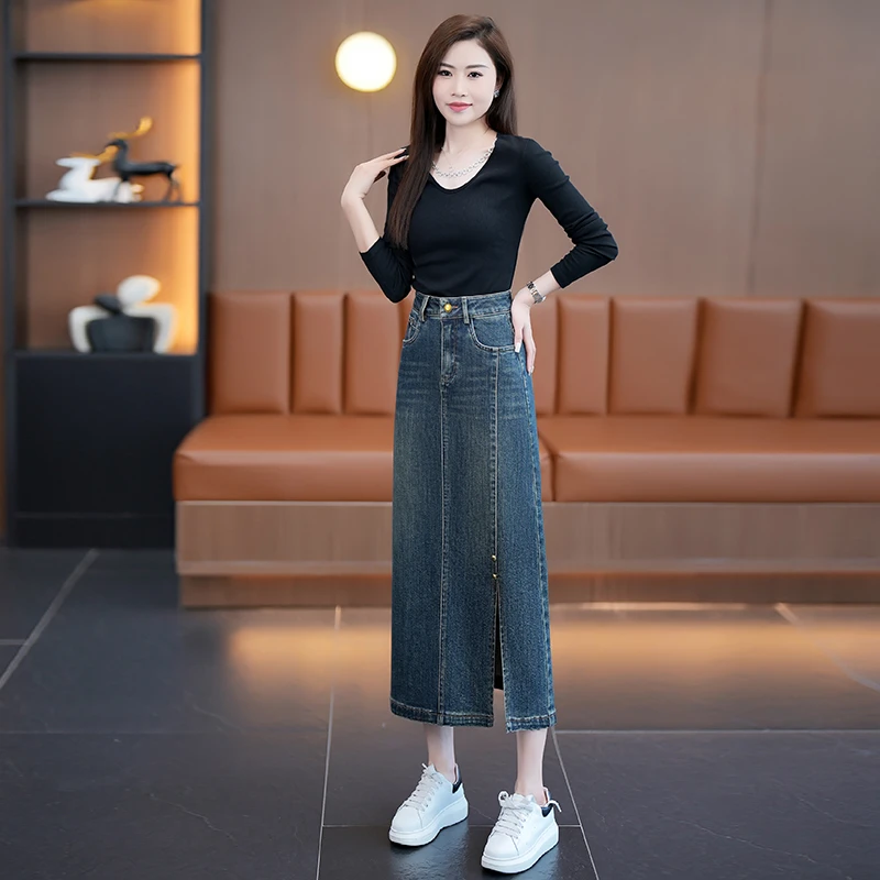 高腰中长款牛仔半身裙子女春秋季2025新款下身裙开叉裙过膝休闲裙