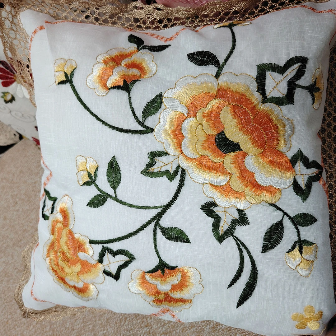 【不含芯】外贸尾单刺绣竹节布抱枕套腰枕套靠垫套美式简约绣花