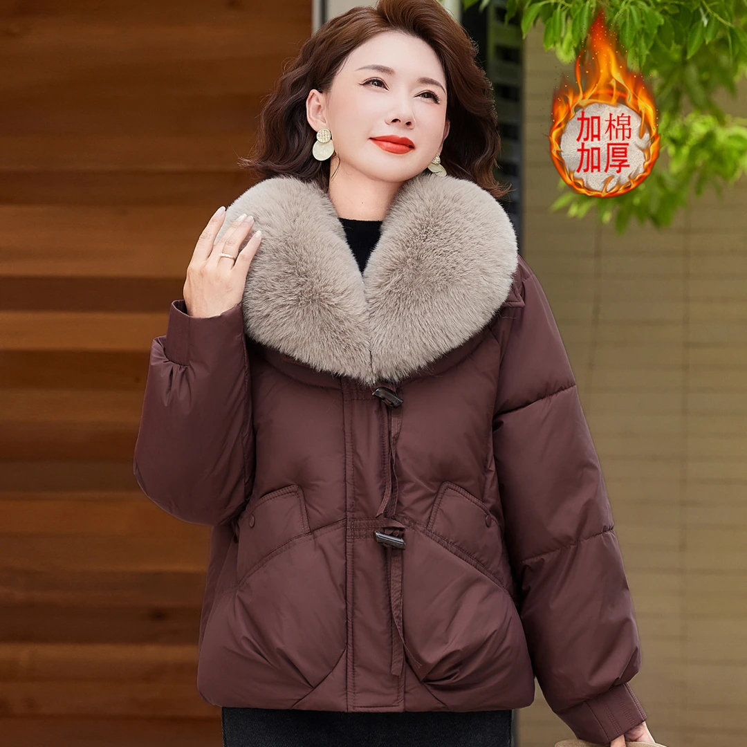 洋气妈妈冬装连帽加棉加厚棉衣外套时尚中老年女装大毛领保暖棉袄