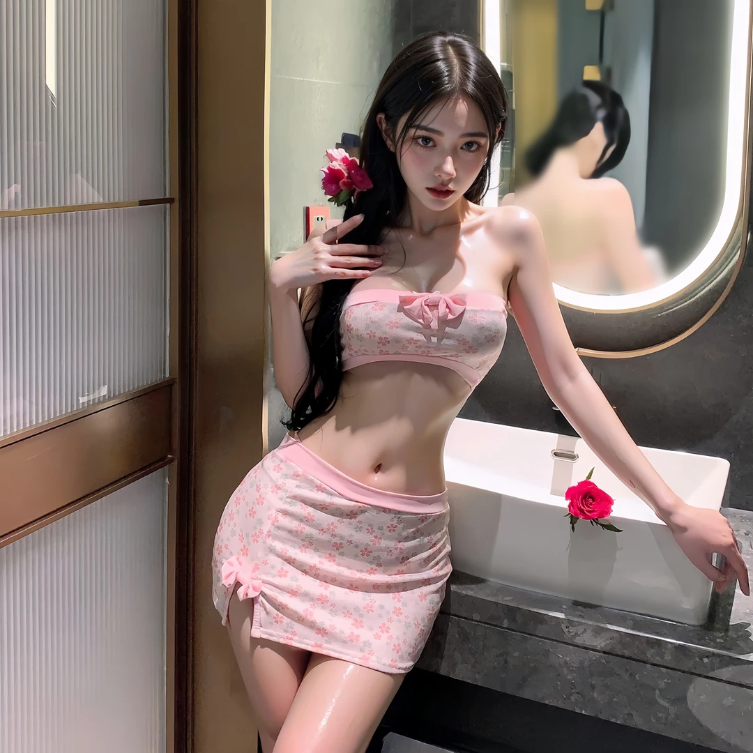 纯欲风春夏新款性感抹胸蝴蝶结睡衣辣妹碎花包臀裙聚拢甜美显瘦款