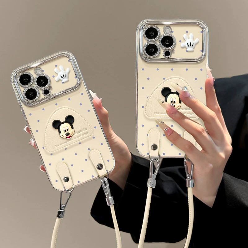 立体米奇支架适用苹果16大视窗手机壳16promax电镀挂绳14可爱通用