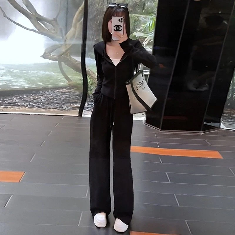 春秋时尚休闲套装女气质高腰显瘦网红修身韩版运动连帽长袖两件套