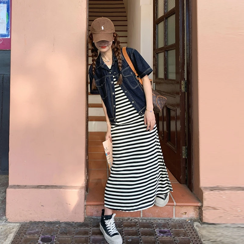 无袖条纹背心连衣裙牛仔上衣两件套女夏季chic甜辣休闲学院风套装