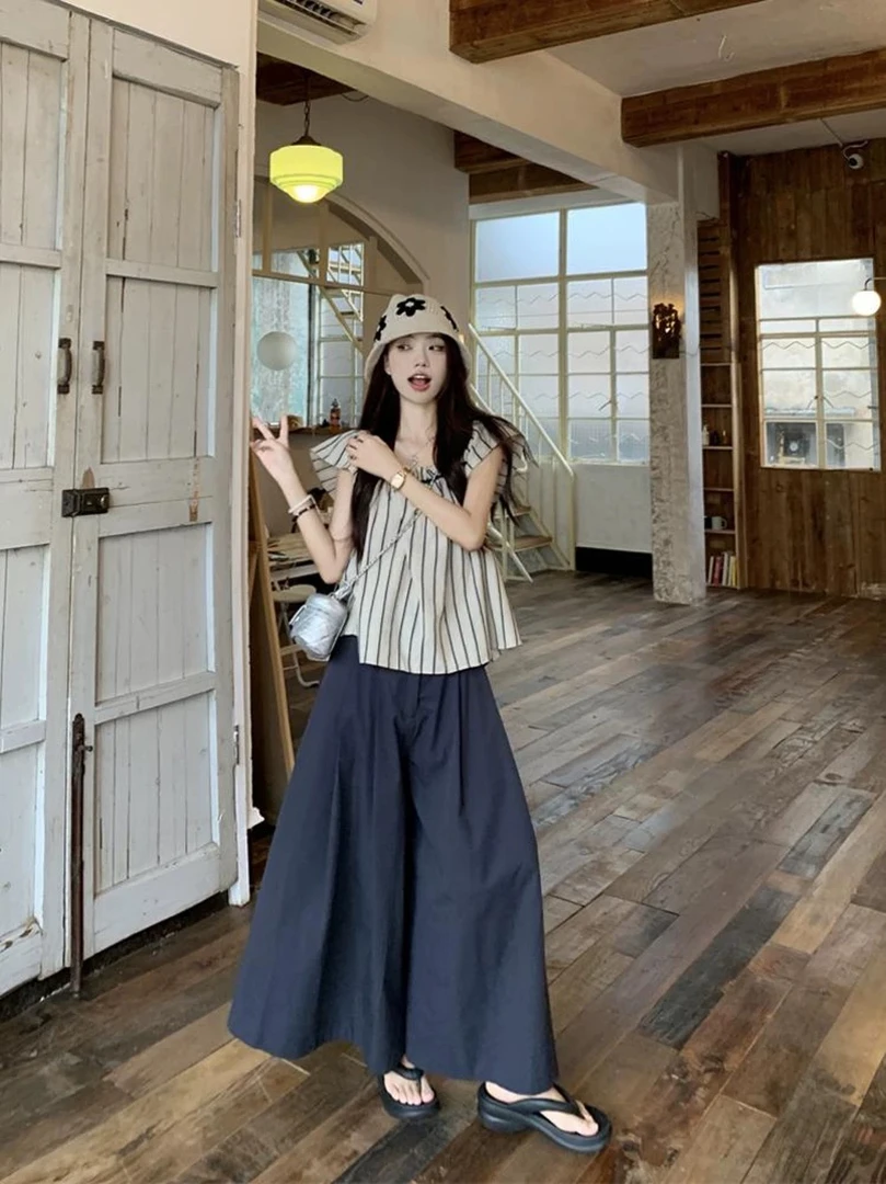 【瑶瑶专属】韩系条纹小飞袖背心阔腿休闲裤女时尚两件套2889