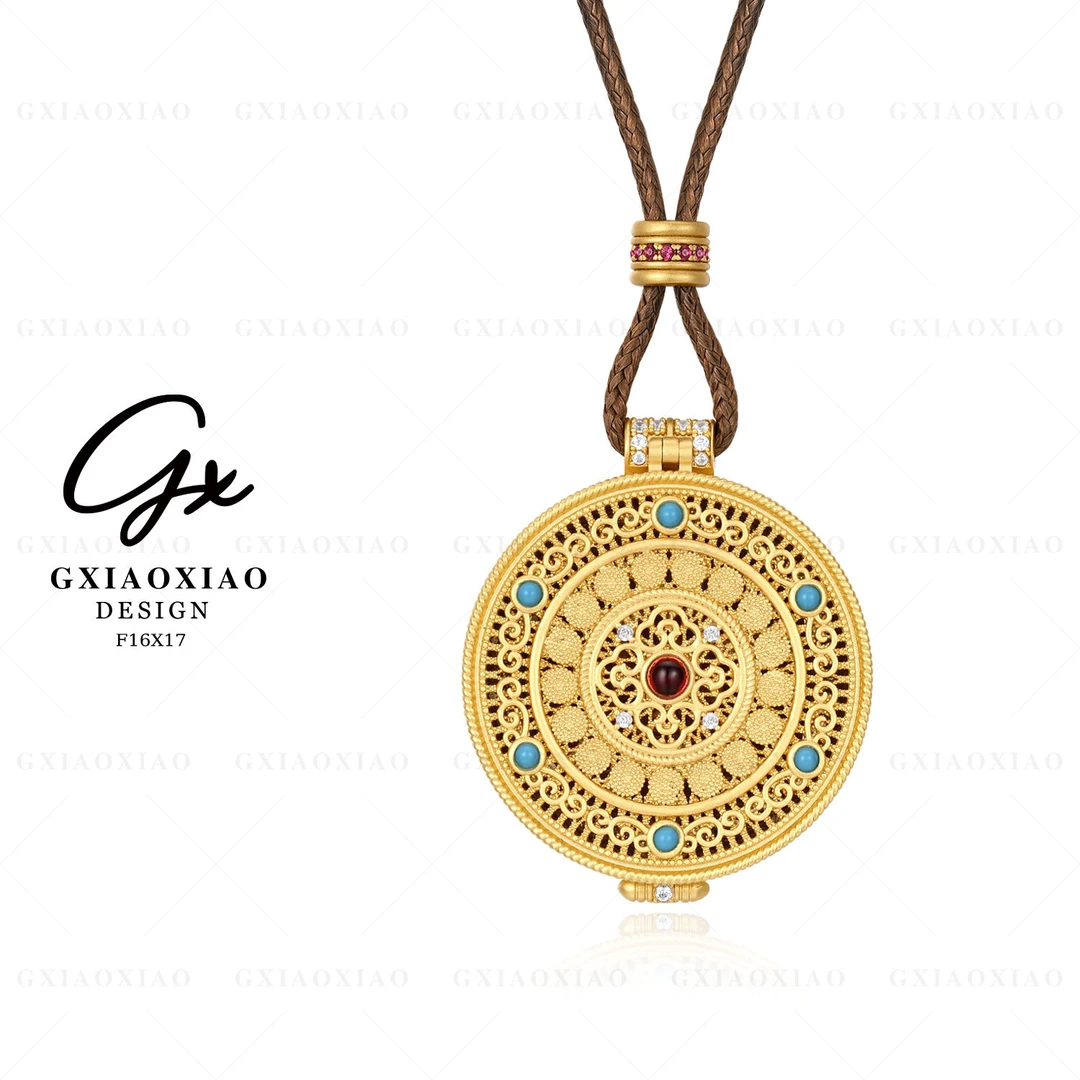 G XIAOXIAO 镀K金 【八宝罗盘】新中式佛像嘎呜盒项链 F16X17