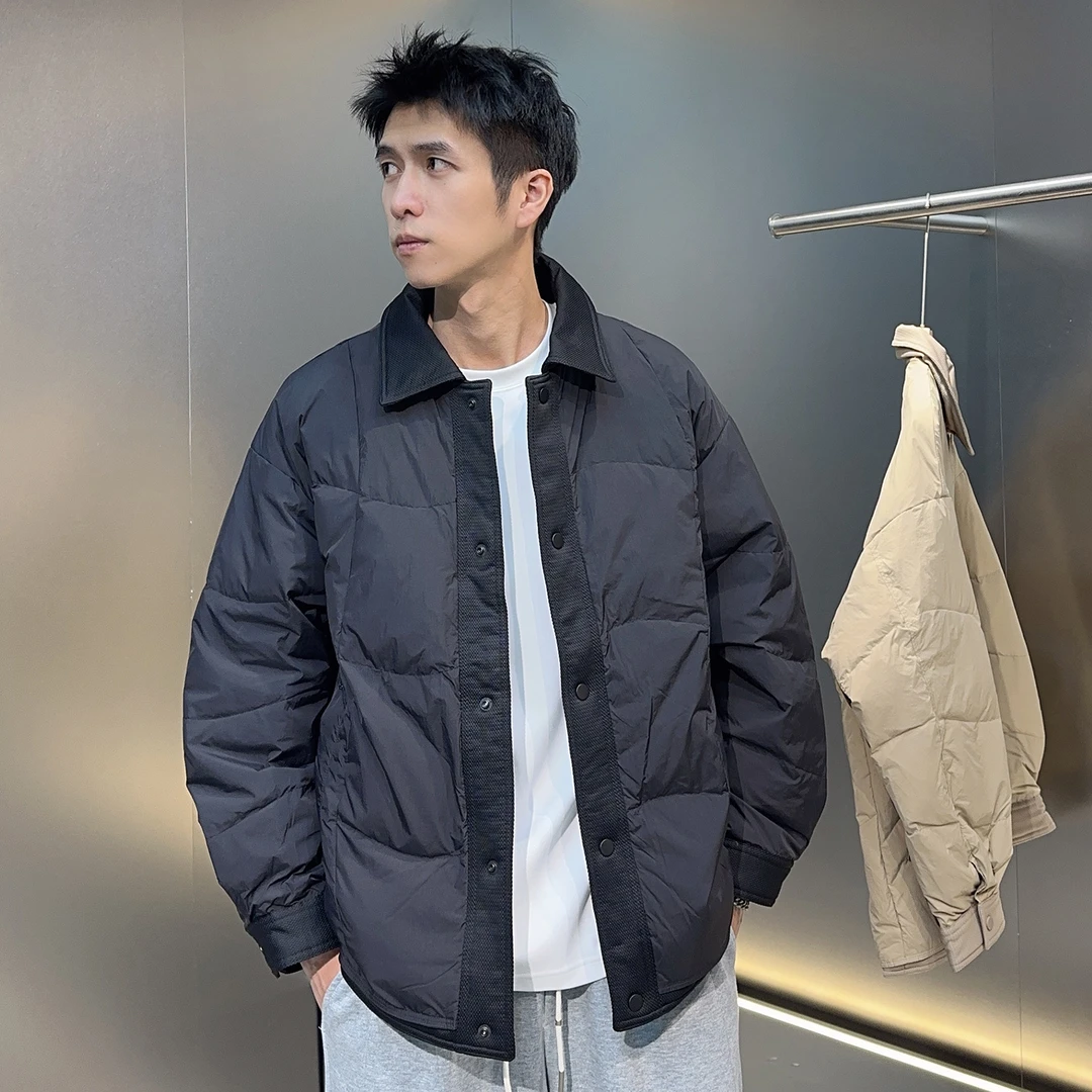 2025冬季新款90绒轻薄羽绒服男高级感拼接翻领男士保暖白鸭绒外套