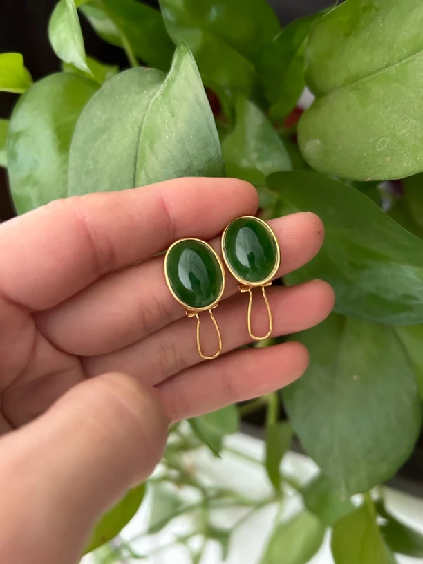 和田玉12×16大蛋面耳扣 925银颜色多样性发货拍一发一