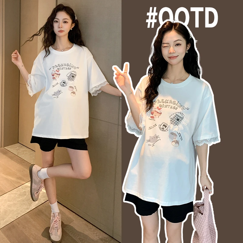 2025孕妇装上衣夏装新款蕾丝袖子短袖假两件套T恤短裤外穿百搭
