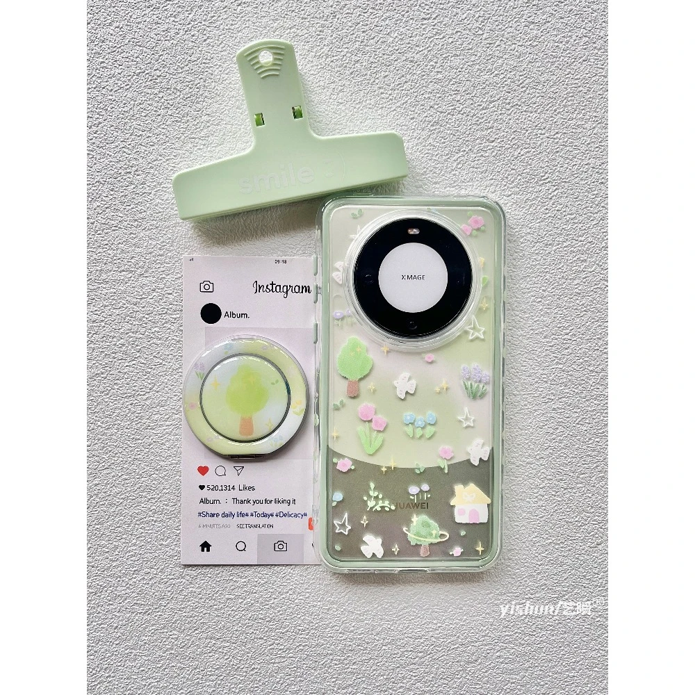 适用华为mate70手机壳360度旋转支架mate60pro田园风小清新树木花