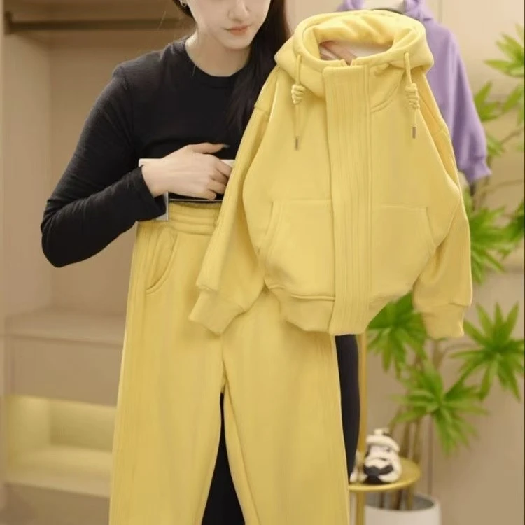 女童加绒卫衣套装秋冬2025新款儿童运动连帽拉链衫加厚卫裤一体绒