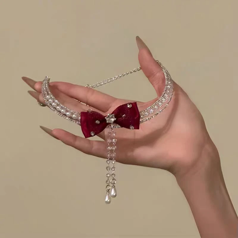 铜合金项链 闪钻红色蝴蝶结项链女颈链气质高级感礼服配饰锁骨链