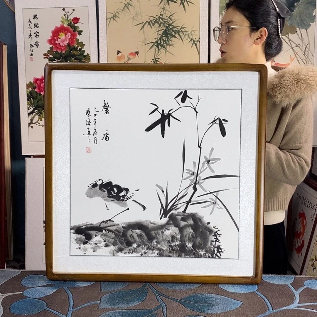 国画手写手绘带框包邮国画作品62✖️62