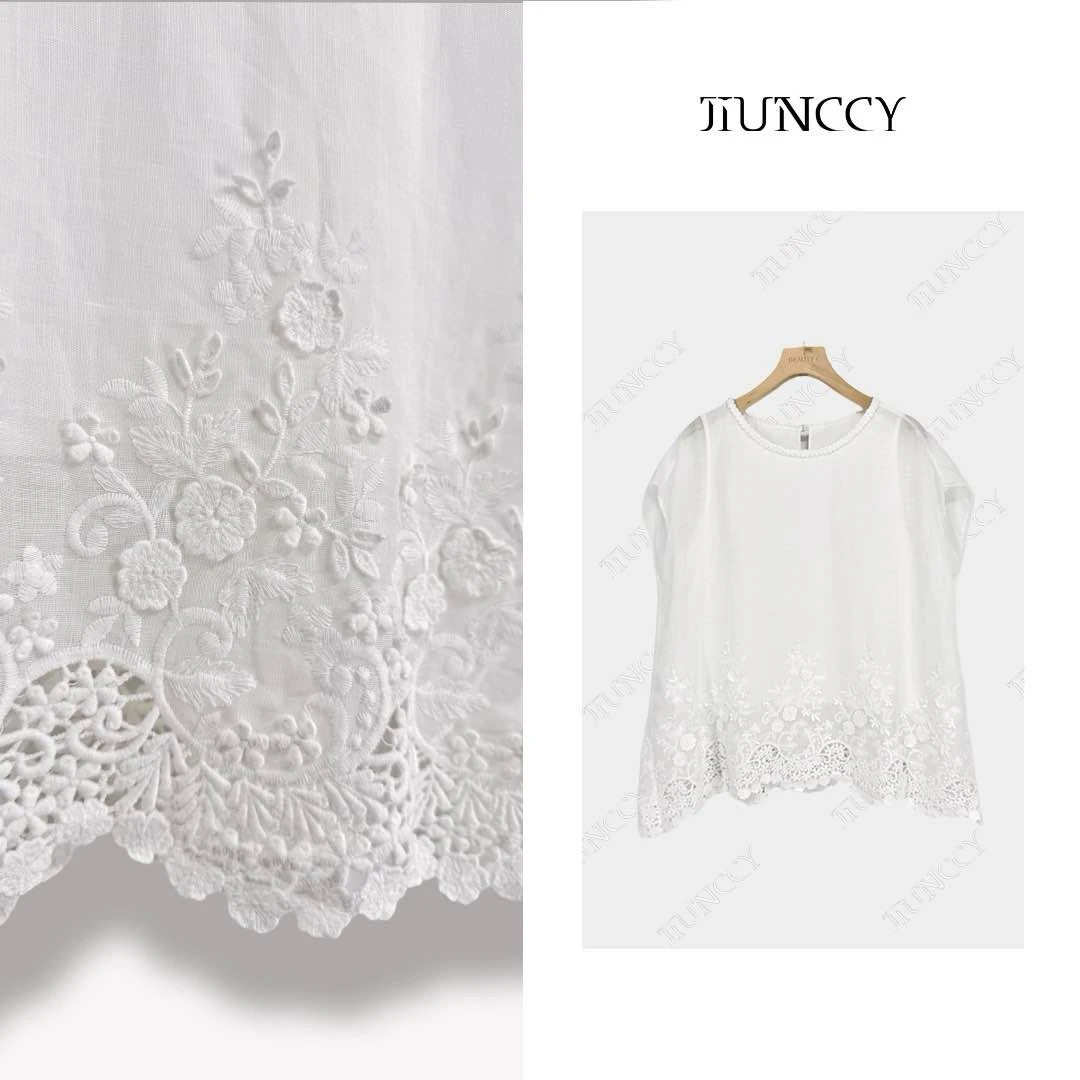 JIUNCCY【如意】全苎麻下摆重工立体绣花镂空如意结领上衣 52YCY089