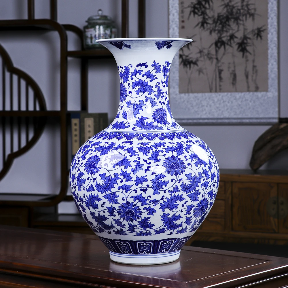景德镇陶瓷花瓶青花大号客厅插花现代中式家电视柜居装饰摆件